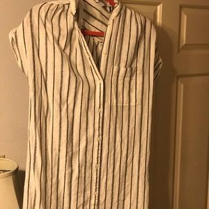 White and Navy Vertical Stripe Linen Dress
